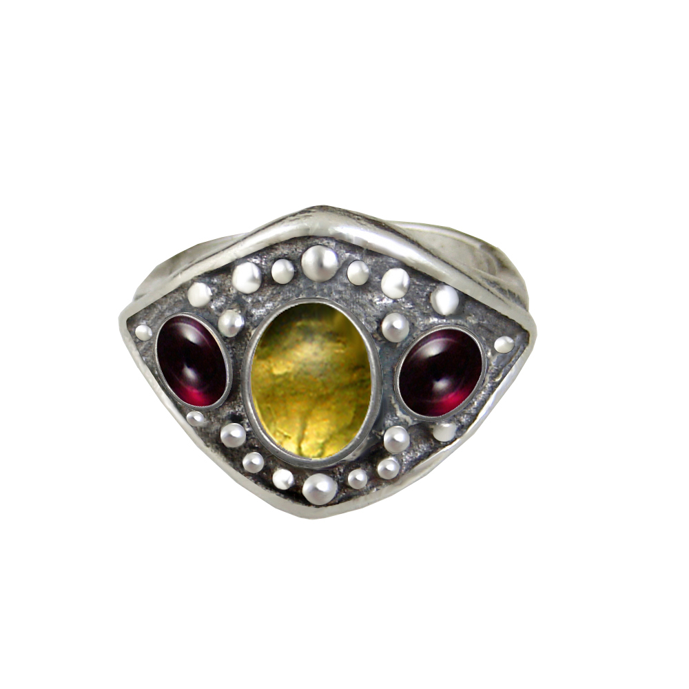 Sterling Silver Medieval Lady's Ring with Citrine And Garnet Size 9